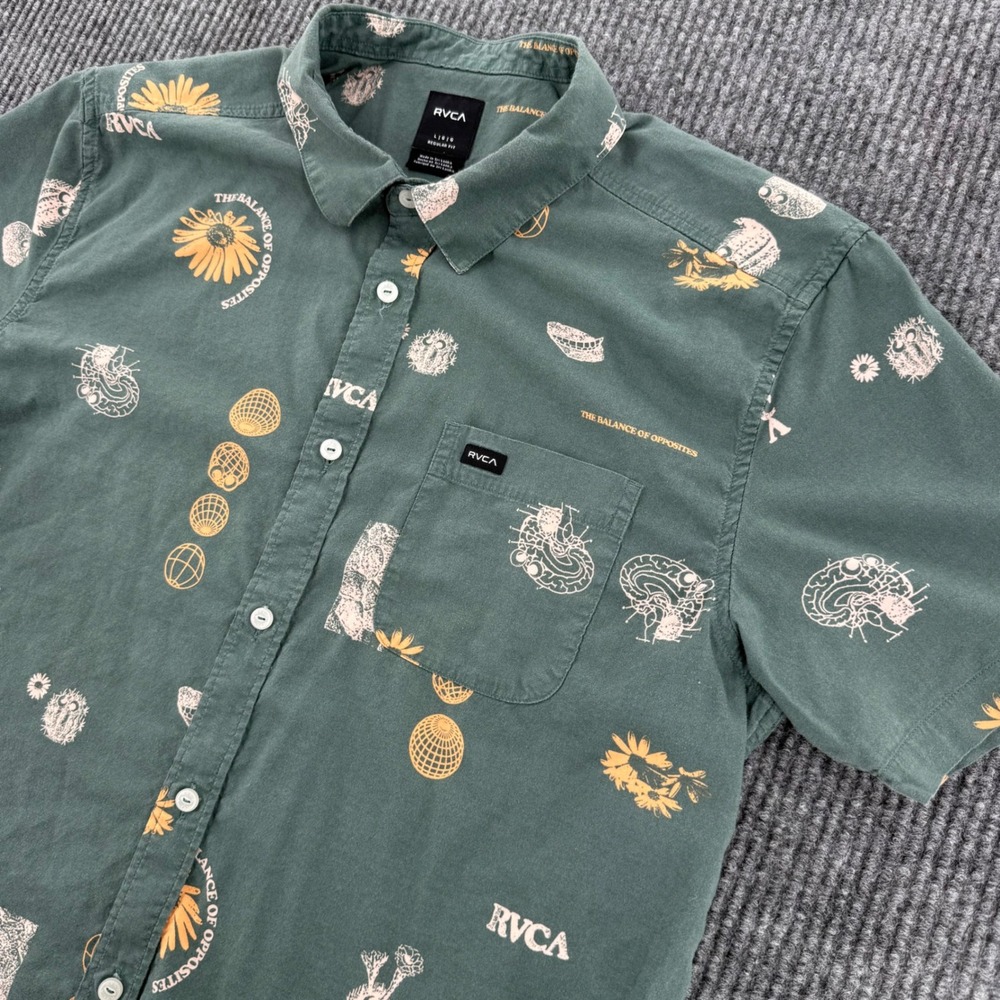 RVCA Balance Opposites Mens Large Green Short Sleeve Button Down Shirt